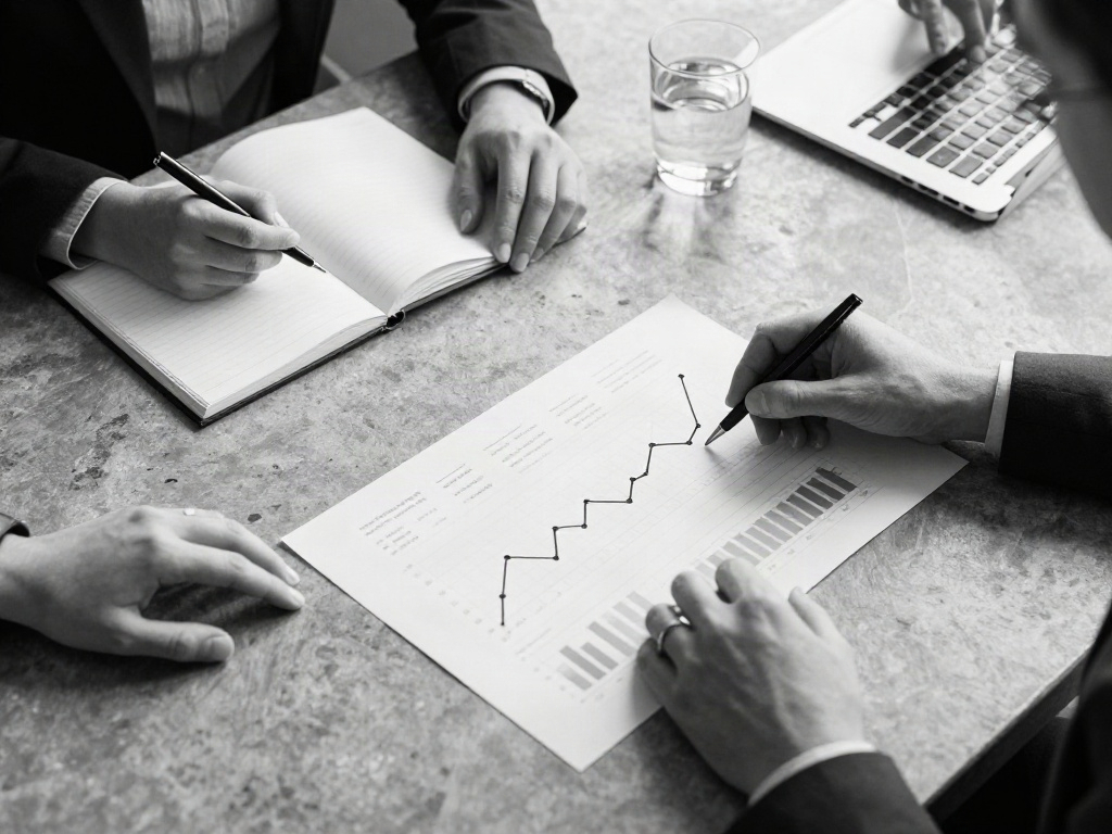 Consultants examining printed performance charts during a business review