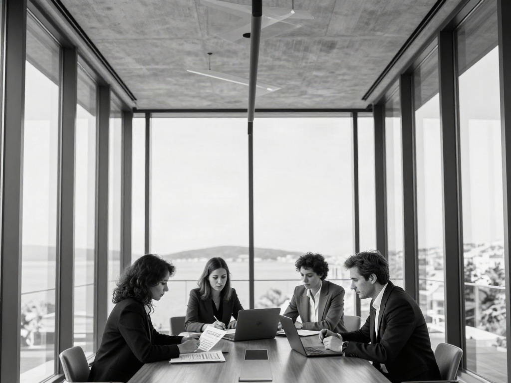 A team discussing business strategy in a sunlit contemporary boardroom